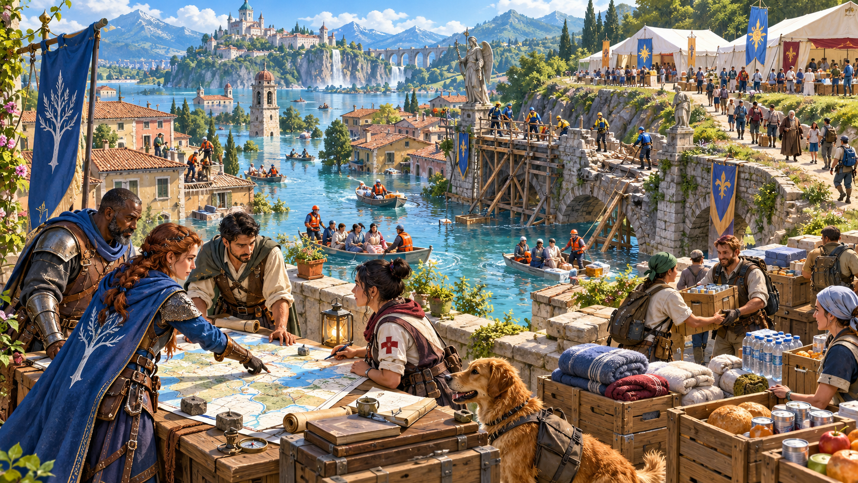Fantasy illustration of a flood response team planning rescue boats, evacuation routes, shelters and supplies beside a damaged bridge