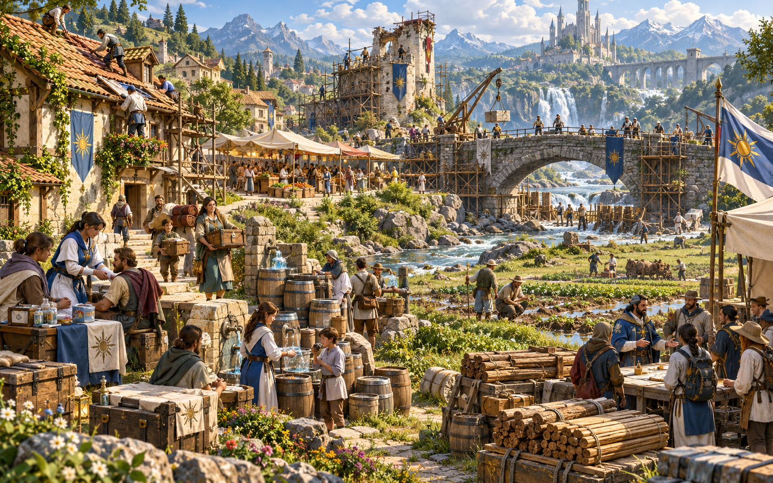 Fantasy illustration of a community repairing roofs and a bridge while shelter teams, supplies and responders support recovery