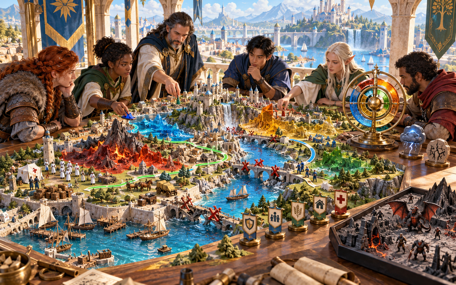Fantasy illustration of a Dungeon Master and players planning affected zones, routes, response resources and one separate hostile scene on a miniature settlement