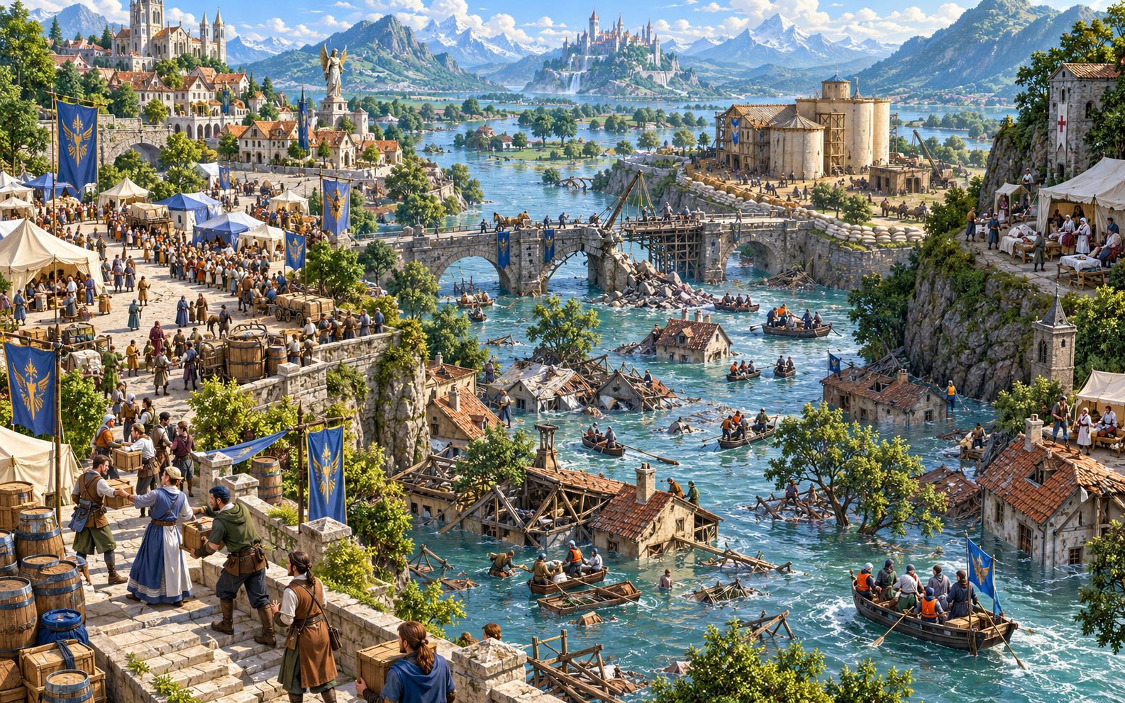 Fantasy illustration of several flooded neighbourhoods with rescue boats, damaged infrastructure, temporary shelters and supply teams